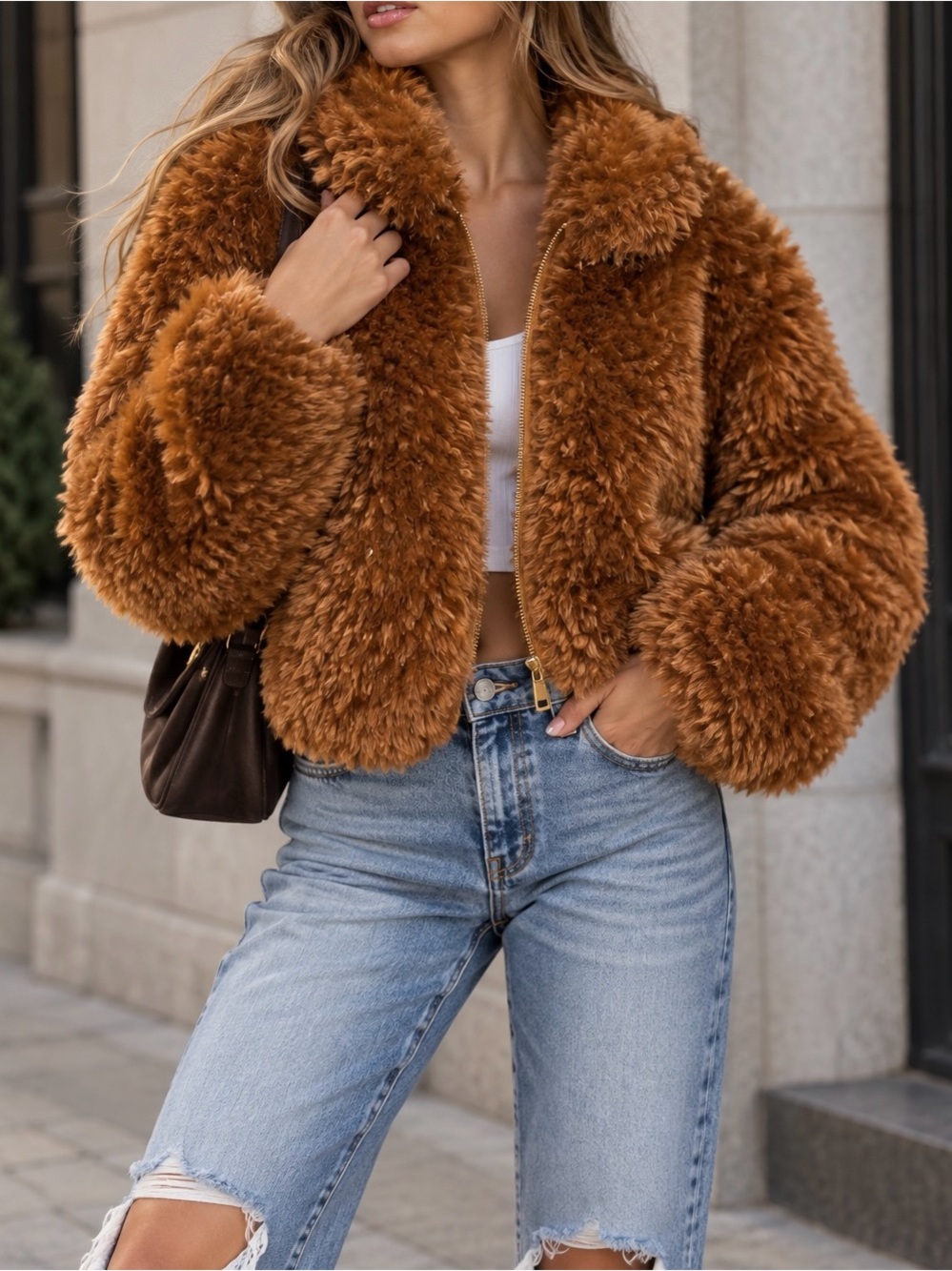 Maeve by Anthropologie Brown Faux Fur Fuzzy Zip-Up Jacket (Size XS)